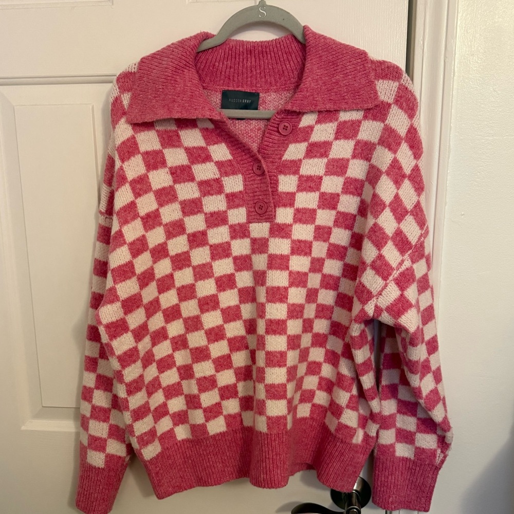 Hudson Gray Pink and White Checkered Henley Sweater